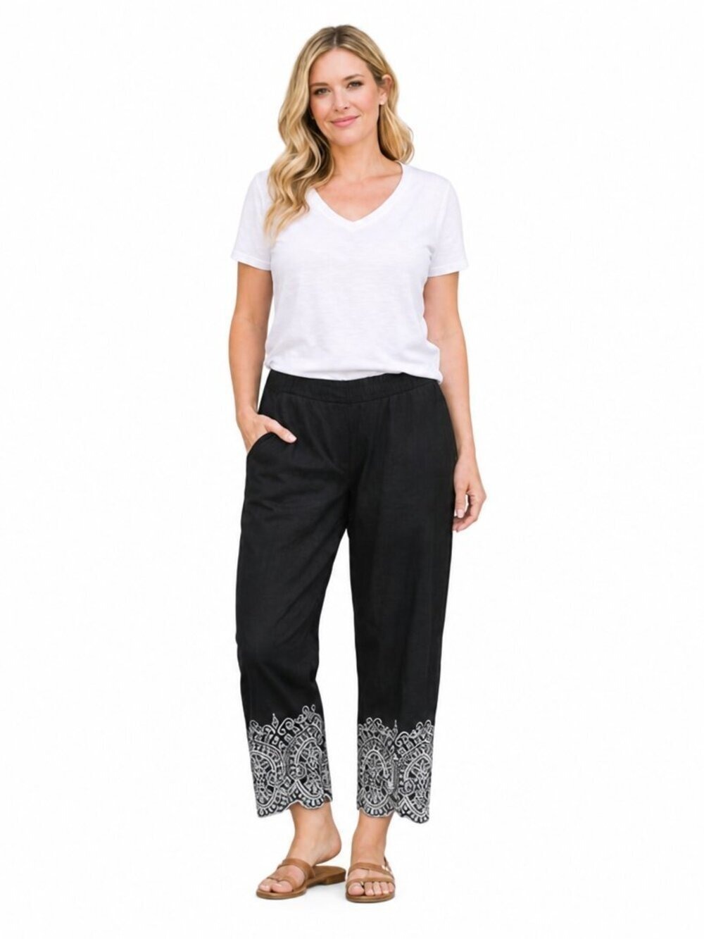 Chico's Black Linen Pants Size 14 White Eyelet Trim Elastic Waist